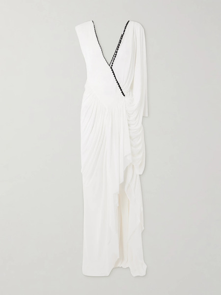  Christopher Esber   Sevi Cape Effect Asymmetric Draped Silk Chiffon Trimmed Jersey Midi Dress   White 