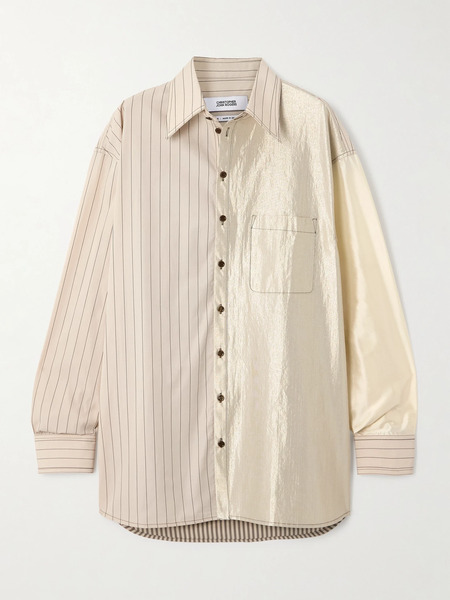  Christopher John Rogers   Oversized Striped Patchwork Silk Satin, Cotton Poplin And Cotton Blend Shirt   Beige 