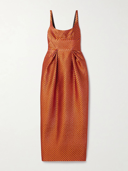  Christopher John Rogers   Pleated Striped Metallic Jacquard Maxi Dress   Orange 