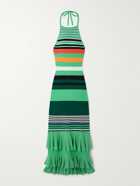  Christopher John Rogers   Ruffled Striped Stretch Knit Halterneck Maxi Dress   Multi 