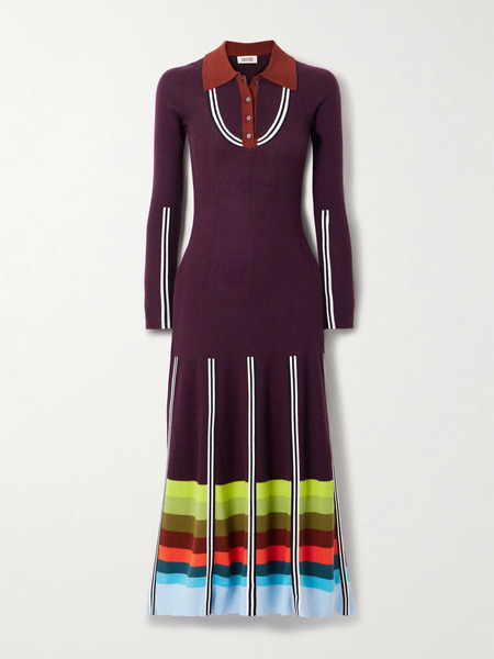  Christopher John Rogers   Striped Ribbed Wool Blend Maxi Dress   Burgundy 