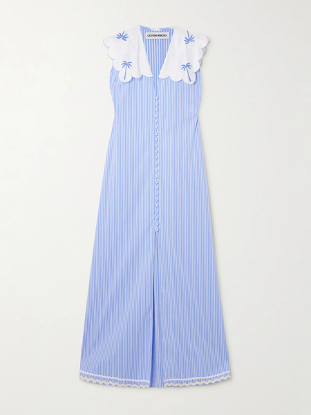  Cristiano Marcheli   Isabella Embroidered Silk Dupioni Trimmed Striped Cotton Poplin Maxi Dress   Blue 