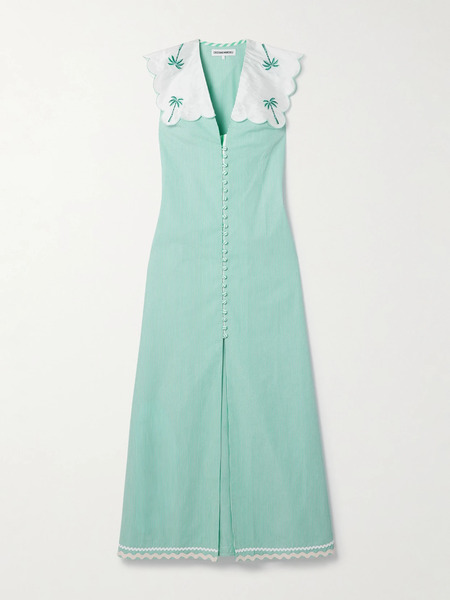 Cristiano Marcheli   Isabella Embroidered Silk Dupioni Trimmed Striped Cotton Poplin Maxi Dress   Green 