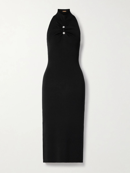  Cult Gaia   Collin Faux Pearl Embellished Gathered Ribbed Stretch Jersey Turtleneck Midi Dress   Black 