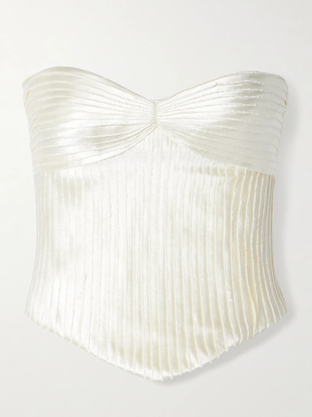  Danielle Frankel   Ella Strapless Frayed Pintucked Silk And Wool Blend Satin Bustier Top   Off White 