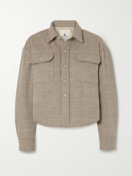  Denimist   Cropped Checked Herringbone Wool Blend Jacket   Tan 