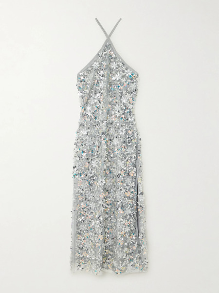  Des Phemmes   Embellished Tulle Halterneck Midi Dress   Light Blue 