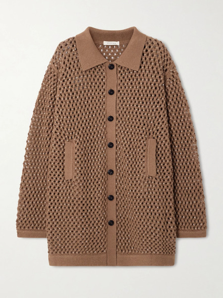  Diotima   Crystal Embellished Open Knit Wool Cardigan   Camel 