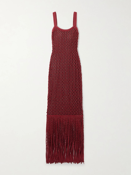  Diotima   Gala Open Back Fringed Embellished Crocheted Cotton Blend Gown   Red 