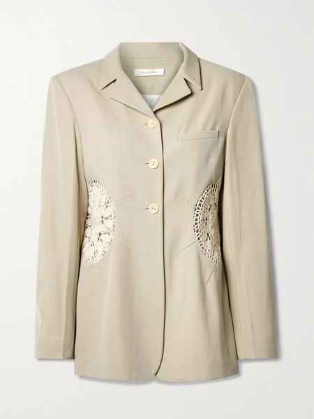  Diotima   Long Tower Crochet Trimmed Wool Twill Blazer   Neutral 