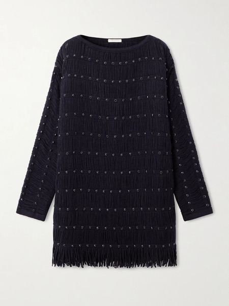  Diotima   Notte Fringed Embellished Open Knit Merino Wool Blend Mini Dress   Navy 