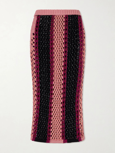  Diotima   Spice Crystal Embellished Striped Crocheted Cotton Blend Midi Skirt   Multi 