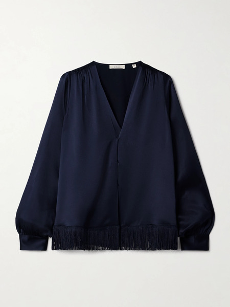  Dôen   Candace Fringed Silk Satin Blouse   Navy 