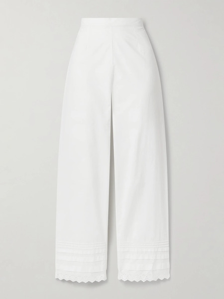  Dôen   Francisca Broderie Anglaise Trimmed Pintucked Organic Cotton Poplin Straight Leg Pants   White 