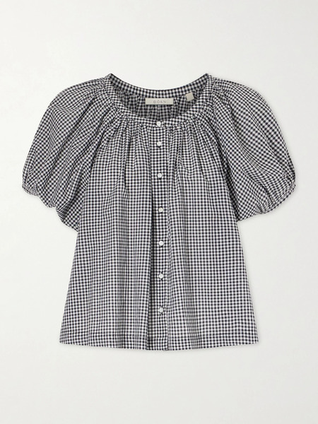  Dôen   June Gathered Checked Cotton Blouse   Black 