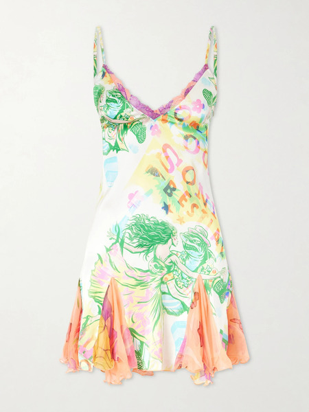  Donde Esteban   Sonido Bestial Ruffled Lace Trimmed Printed Silk Blend Satin And Chiffon Mini Dress   Multi 