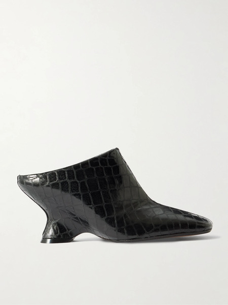  Dries Van Noten   Croc Effect Leather Wedge Mules   Black 