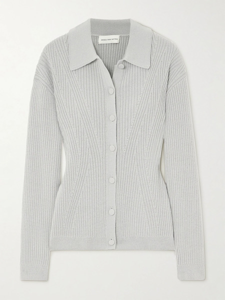  Dries Van Noten   Ribbed Knit Wool Blend Cardigan   Light Gray 