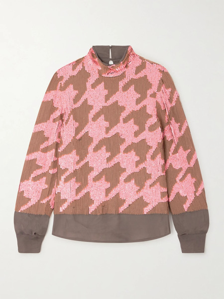  Dries Van Noten   Sequined Houndstooth Chiffon Blouse   Brown 