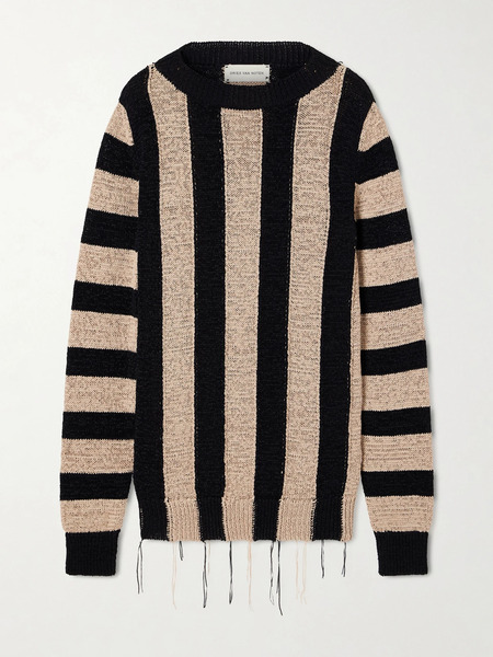  Dries Van Noten   Topic Frayed Striped Open Knit Sweater   Black 