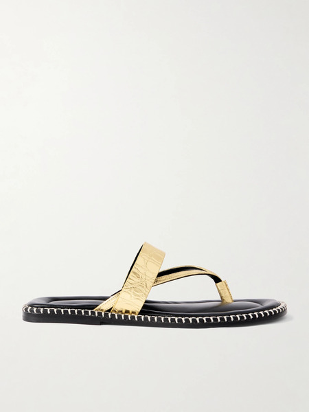  Dries Van Noten   Whipstitched Metallic Croc Effect Leather Sandals   Gold 