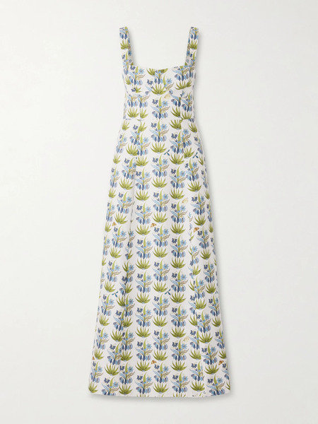 Emporio Sirenuse   Azzurra Celestine Open Back Floral Print Linen And Cotton Blend Midi Dress   Blue 