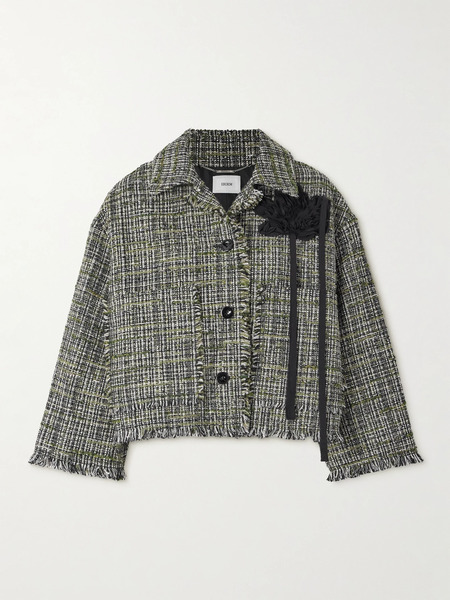  Erdem   Cropped Appliquéd Frayed Tweed Jacket   Gray Green 