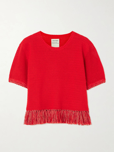  Escvdo   Amada Cropped Fringed Crocheted Cotton Top   Red 