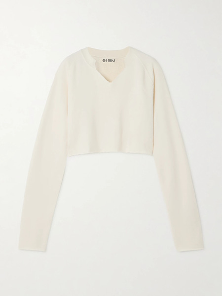  éterne   Cropped Embroidered Cotton Blend Terry Sweater   Cream 