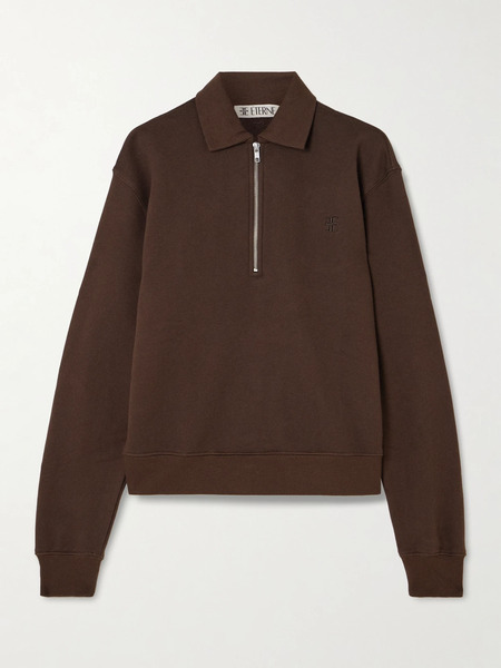  éterne   Embroidered French Cotton And Modal Blend Terry Half Zip Sweatshirt   Chocolate 