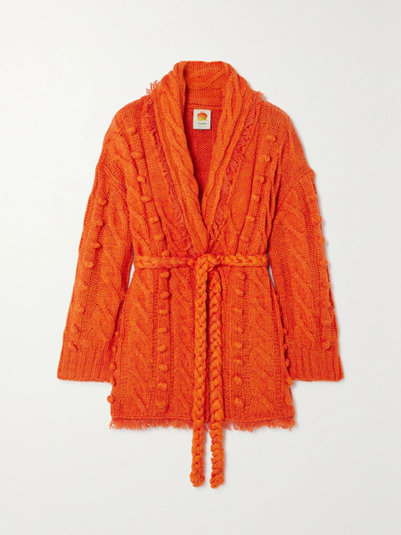  Farm Rio   Oversized Belted Frayed Embellished Cable Knit Cardigan   Orange 