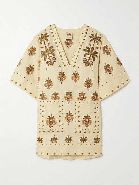  Farm Rio   Studded Embroidered Linen Mini Dress   Beige 