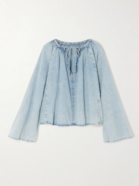 Frame   Gathered Cotton And Linen Blend Chambray Blouse   Light Denim 