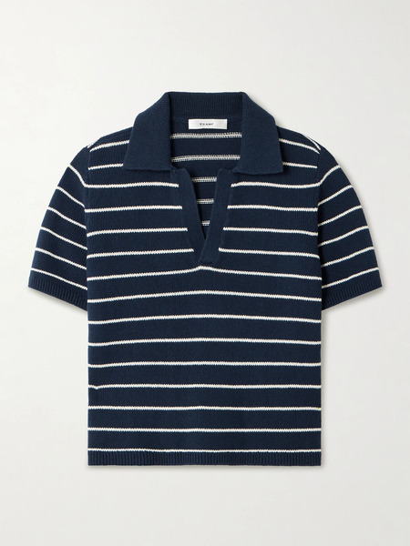  Frame   The Striped Easy Cotton Blend Polo Shirt   Navy 
