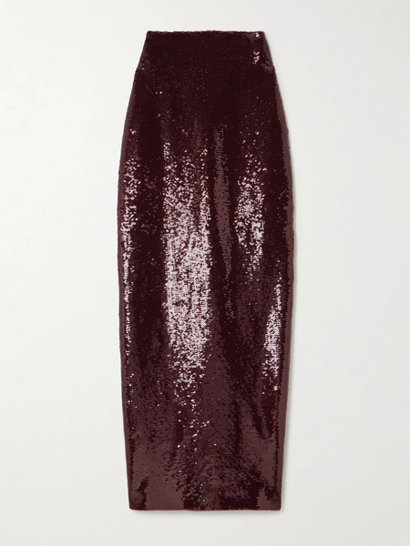  Galvan   Diffusion Sequined Stretch Mesh Maxi Skirt   Merlot 