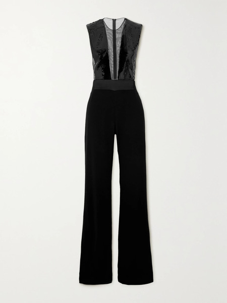  Galvan   Sequined Tulle And Crepe Jumpsuit   Black 