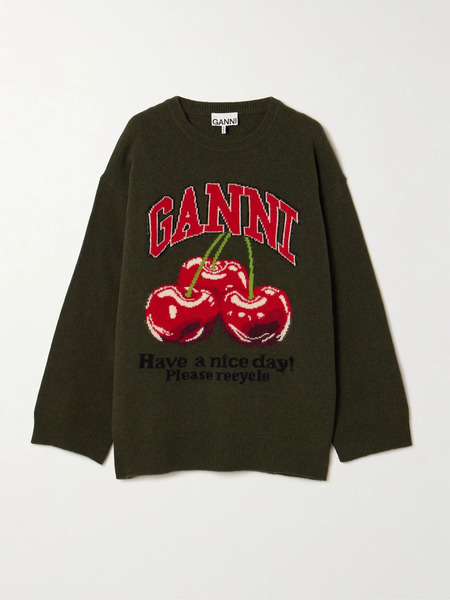  Ganni   Oversized Jacquard Knit Wool Blend Sweater   Green 