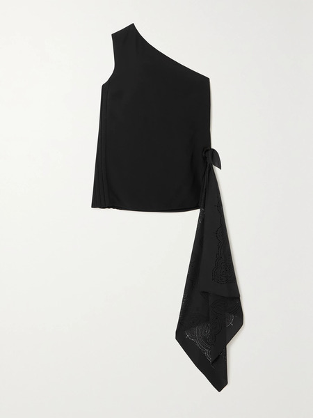  Givenchy   One Shoulder Draped Perforated Crepe And Ribbed Knit Top   Black 