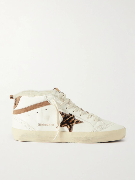  Golden Goose   Mid Star Shearling Lined Distressed Leopard Print Calf Hair, Suede And Leather Sneakers   Cream 