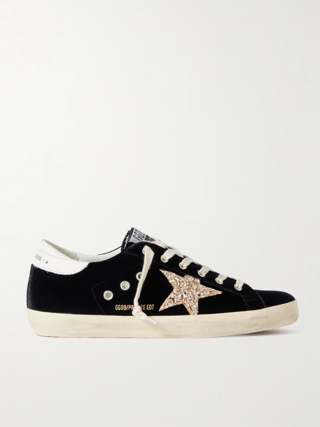  Golden Goose   Super Star Eyelet Embellished Distressed Glittered Leather And Velvet Sneakers   Black 