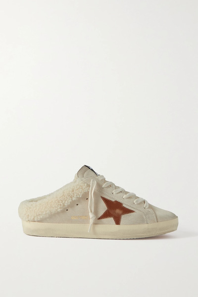 Golden Goose   Super Star Sabot Shearling Lined Distressed Leather Trimmed Suede Slip On Sneakers   Beige 