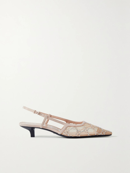  Gucci   Demi Leather Trimmed Crystal Embellished Mesh Slingback Pumps   Neutral 