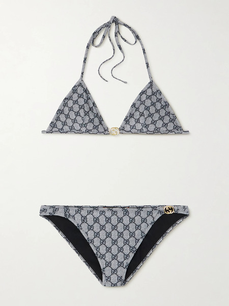  Gucci   Embellished Printed Triangle Bikini   Blue 