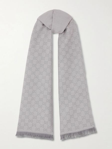  Gucci   Frayed Wool Jacquard Scarf   Gray 