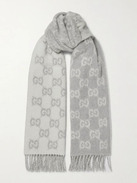  Gucci   Fringed Jacquard Knit Scarf   Light Gray 