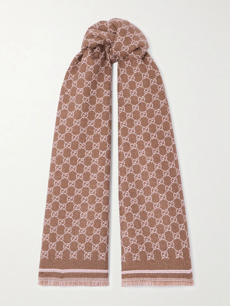  Gucci   Fringed Metallic Wool Jacquard Scarf   Brown 
