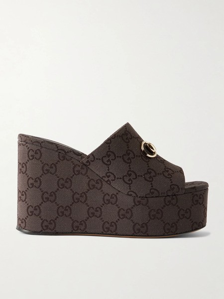  Gucci   Horsebit Embellished Canvas Jacquard Platform Mules   Chocolate 