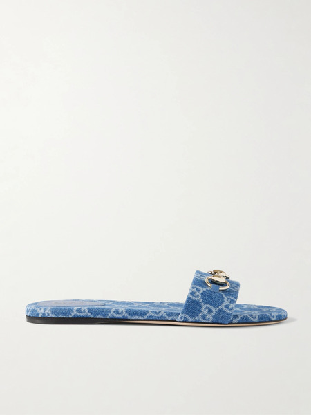  Gucci   Horsebit Embellished Printed Denim Slides   Blue 