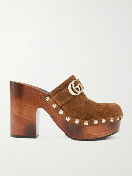  Gucci   Logo Debossed Suede Clogs   Brown 