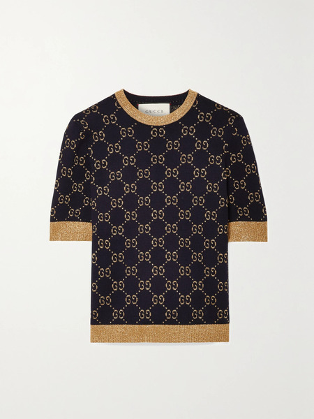  Gucci   Metallic Jacquard Knit Cotton Blend Sweater   Navy 